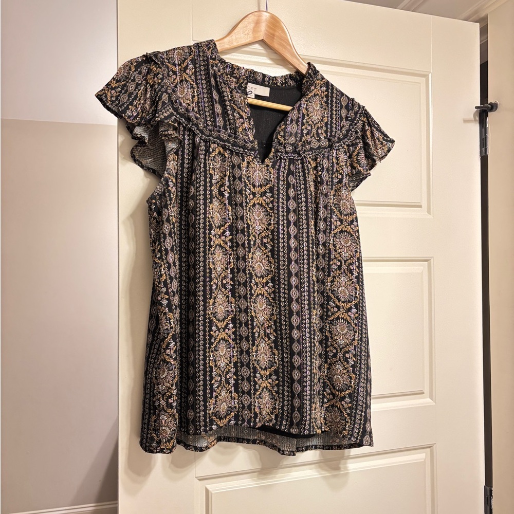 LOFT Black and Gold Flutter Sleeve Blouse with Mandarin Collar